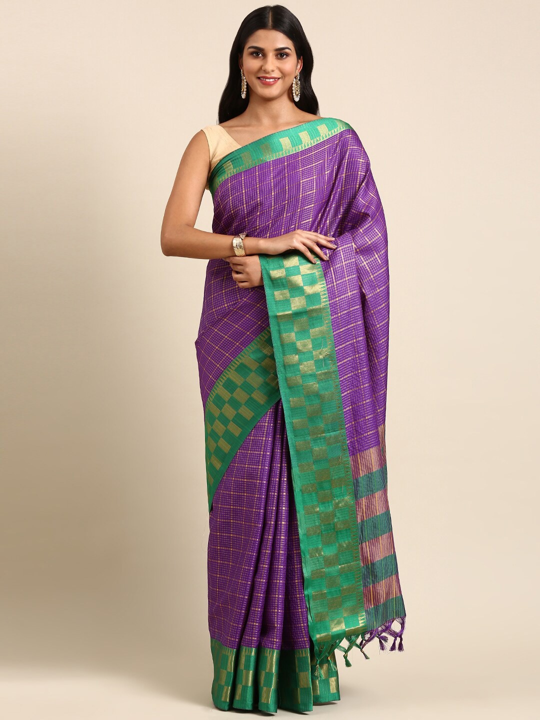 

Anouk Checked Woven Design Zari Kanjeevaram Saree, Purple