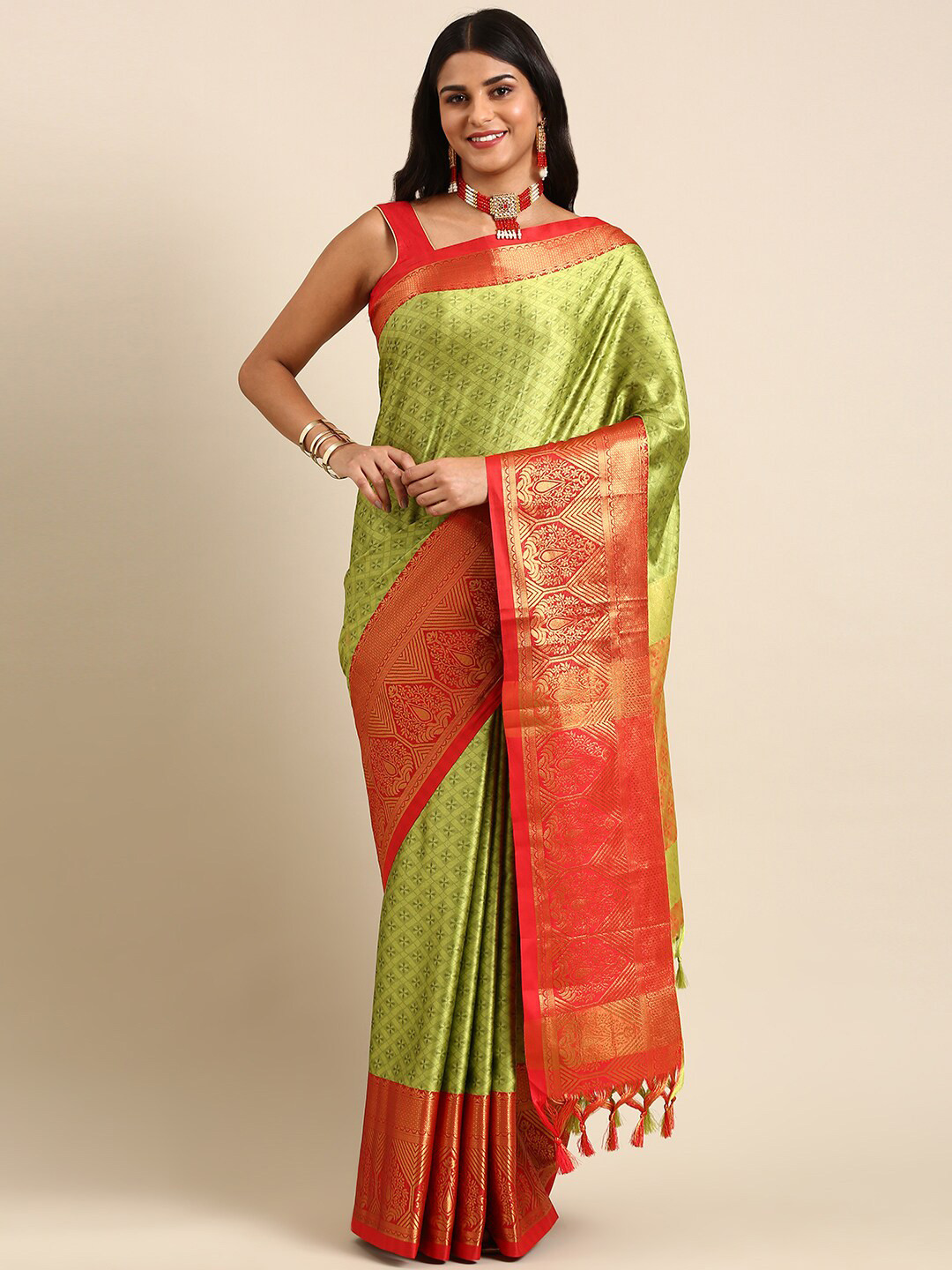 

Anouk Ethnic Motif Woven Design Zari Kanjeevaram Saree, Lime green