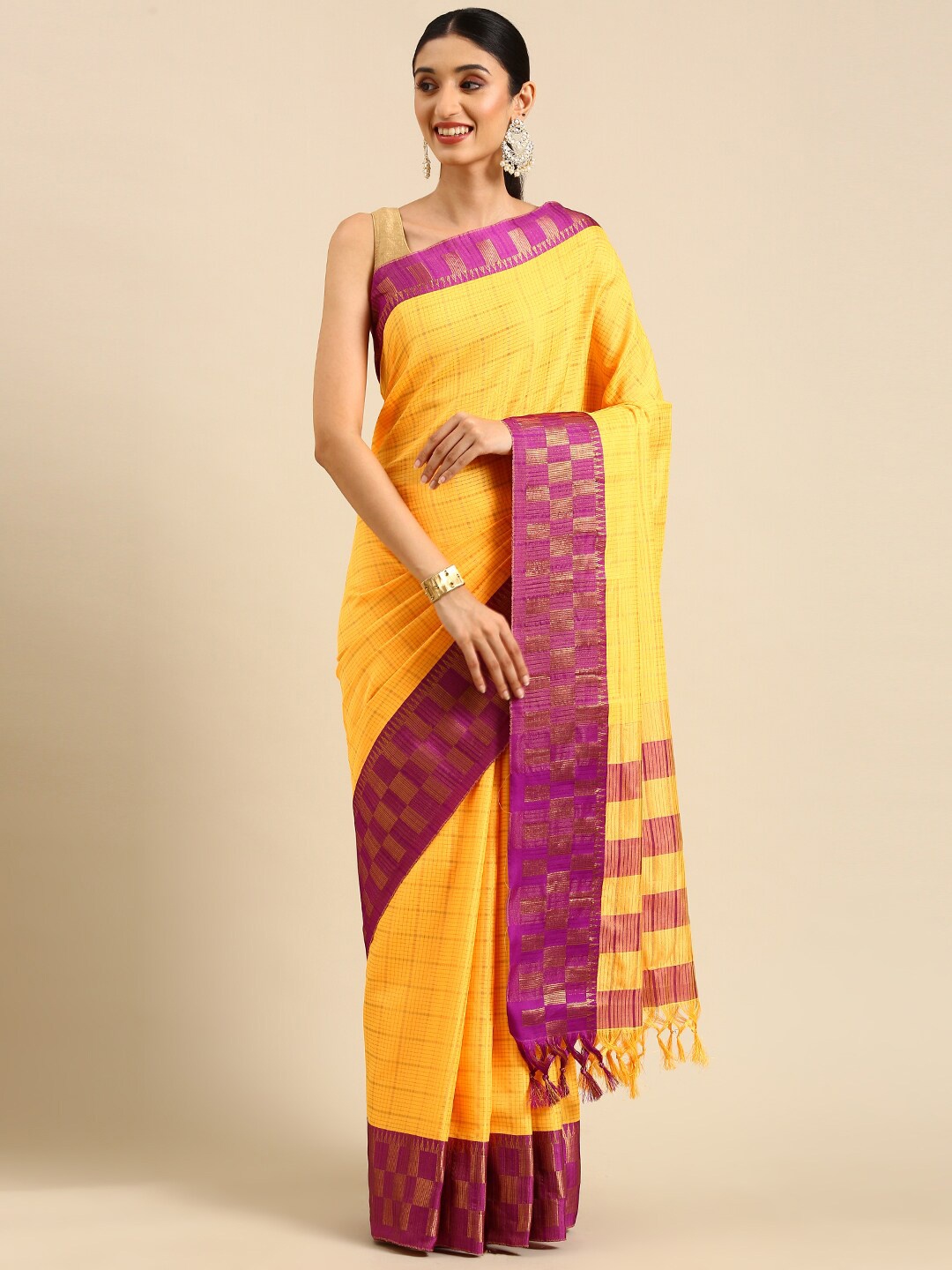 

Anouk Checked Woven Design Zari Kanjeevaram Saree, Yellow