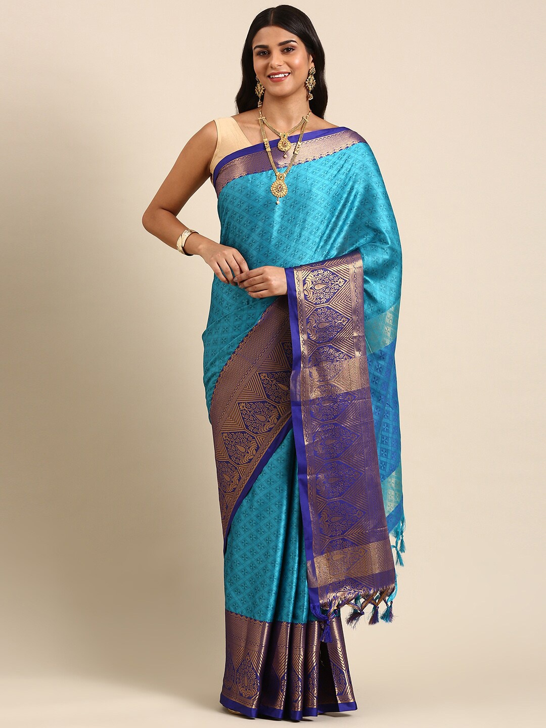 

Anouk Ethnic Motif Woven Design Zari Kanjeevaram Saree, Turquoise blue