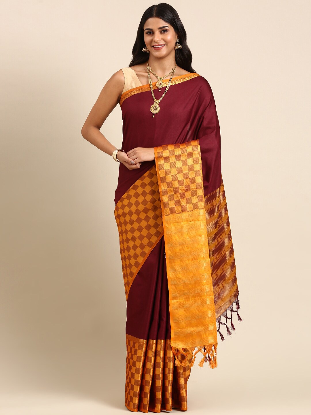 

Anouk Checked Zari Kanjeevaram Saree, Maroon