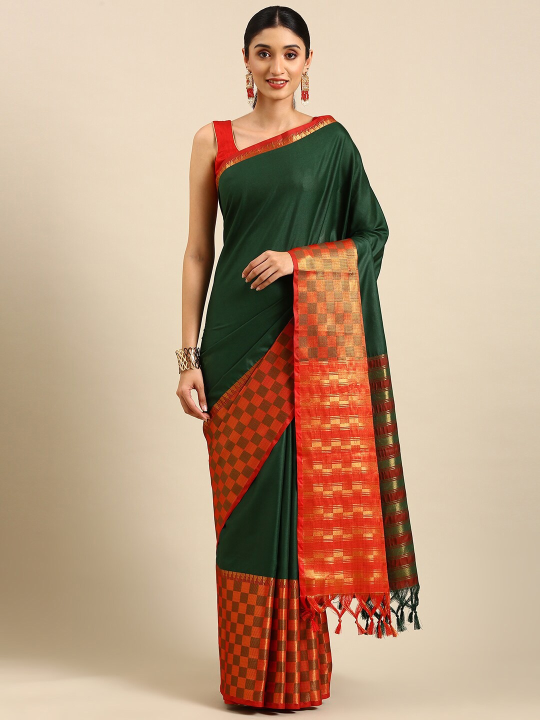 

Anouk Checked Zari Kanjeevaram Saree, Green