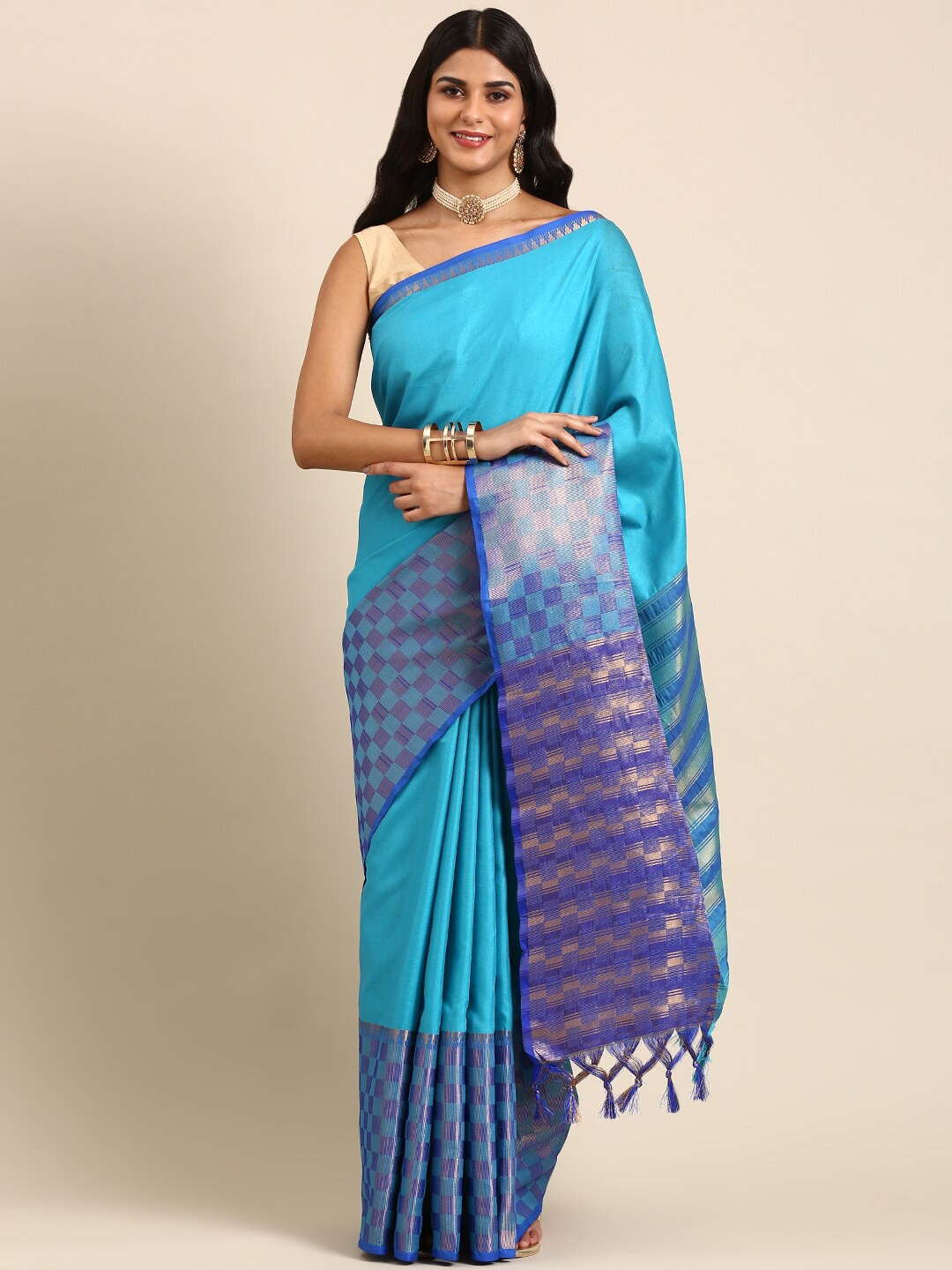 

Anouk Zari Kanjeevaram Saree, Turquoise blue