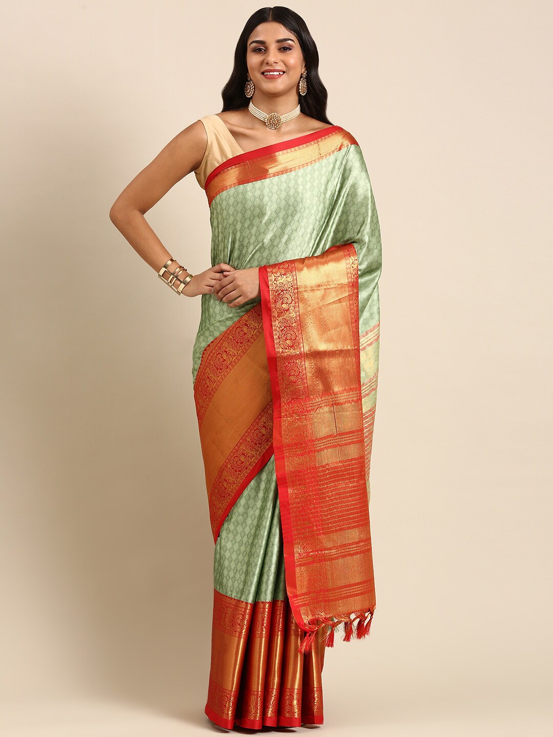 

Anouk Ethnic Motif Woven Design Zari Kanjeevaram Saree, Khaki