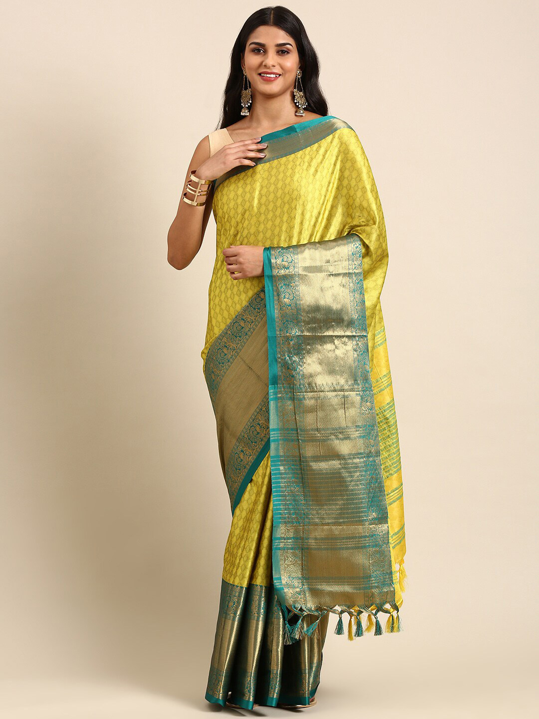 

Anouk Olive Ethnic Motif Woven Design Zari Kanjeevaram Saree