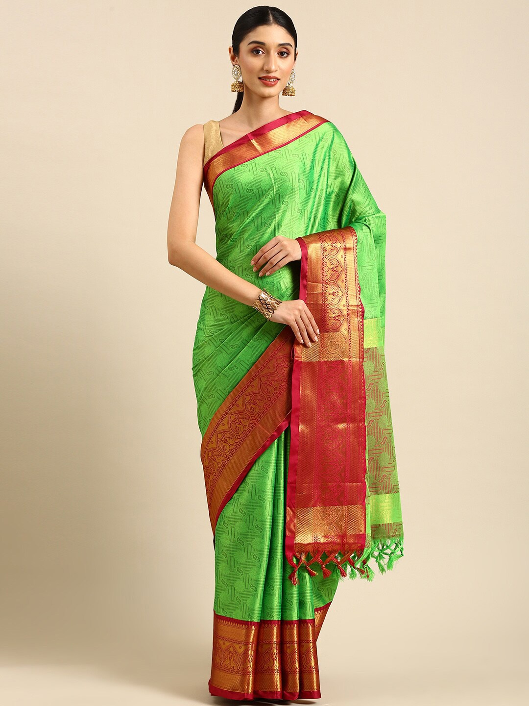 

Anouk Ethnic Motif Woven Design Zari Kanjeevaram Saree, Green