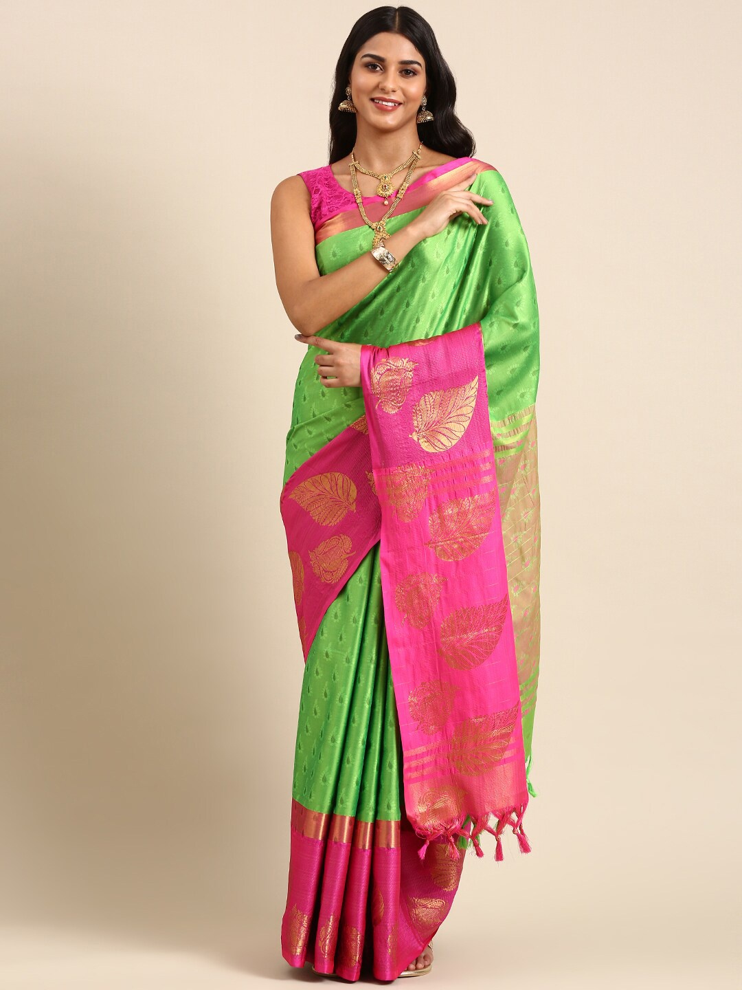 

Anouk Fluorescent Green & Pink Ethnic Motifs Woven Design Zari Kanjeevaram Saree