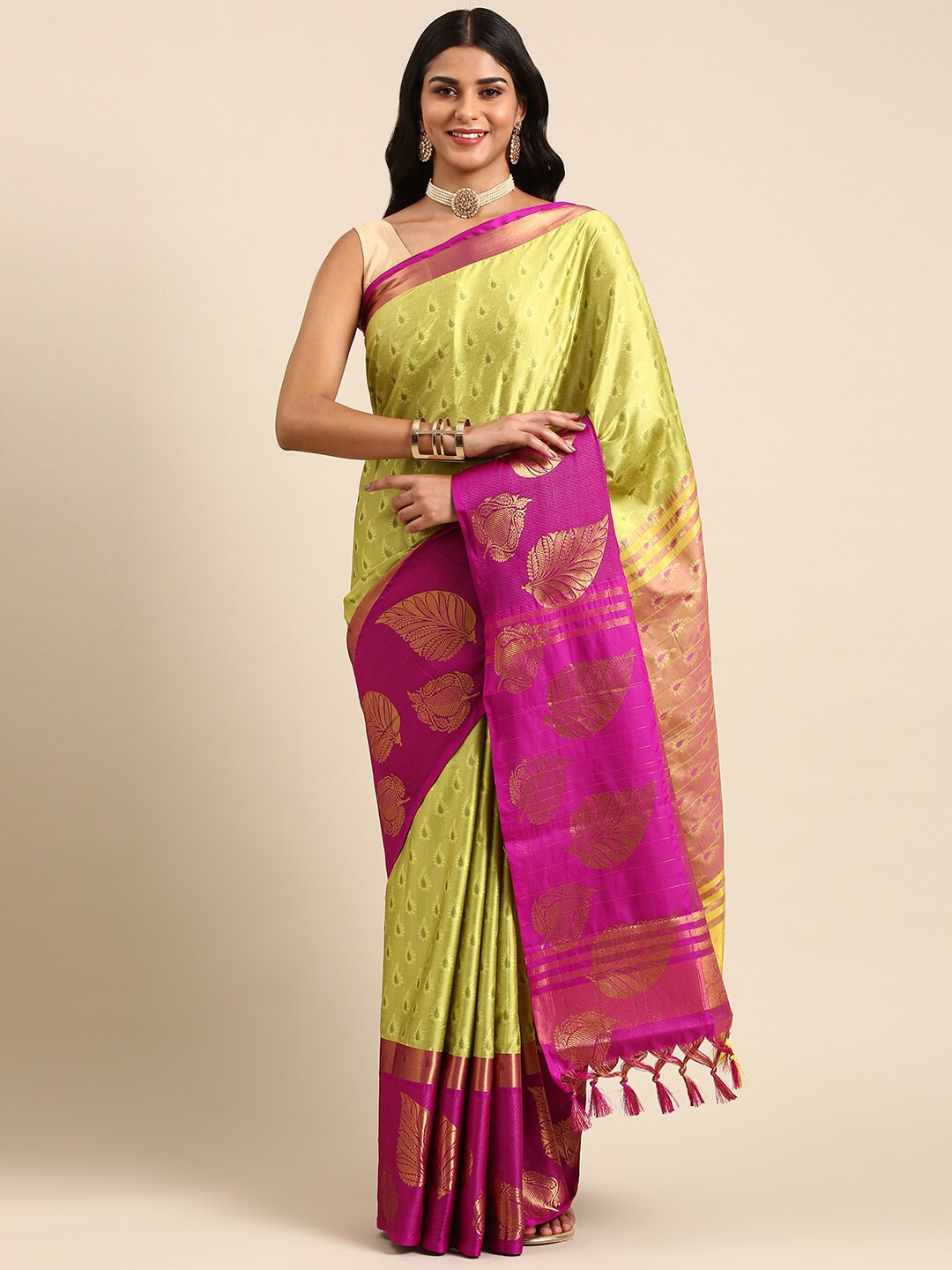 

Anouk Lime Green & Purple Ethnic Motifs Woven Design Zari Kanjeevaram Saree