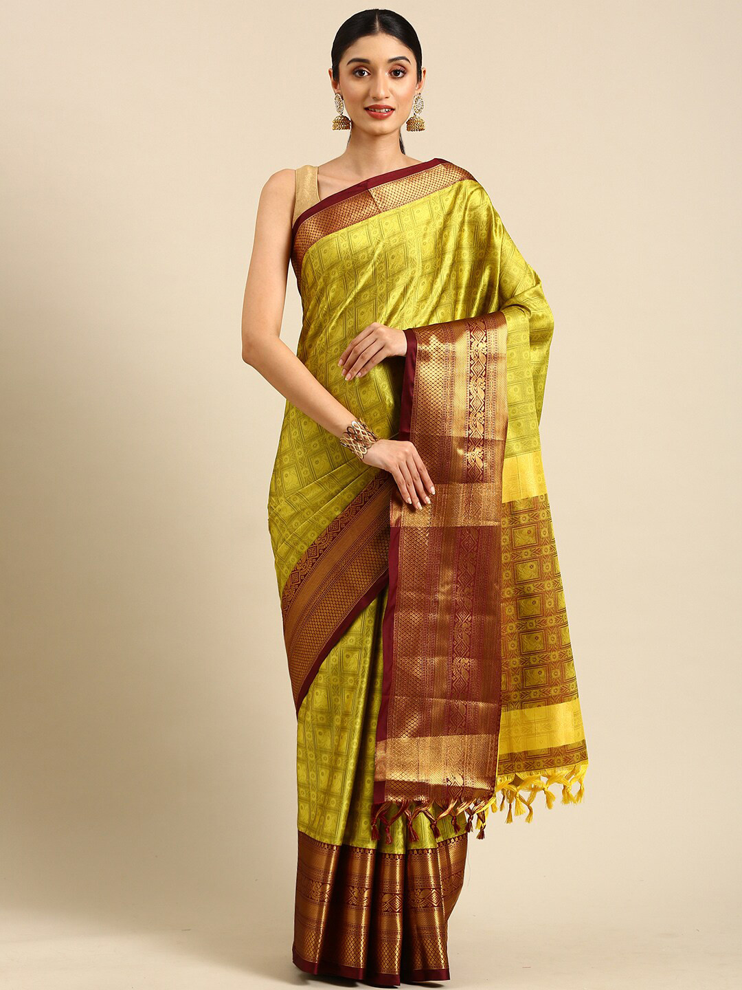 

Anouk Olive Green & Brown Geometric Woven Design Zari Kanjeevaram Saree