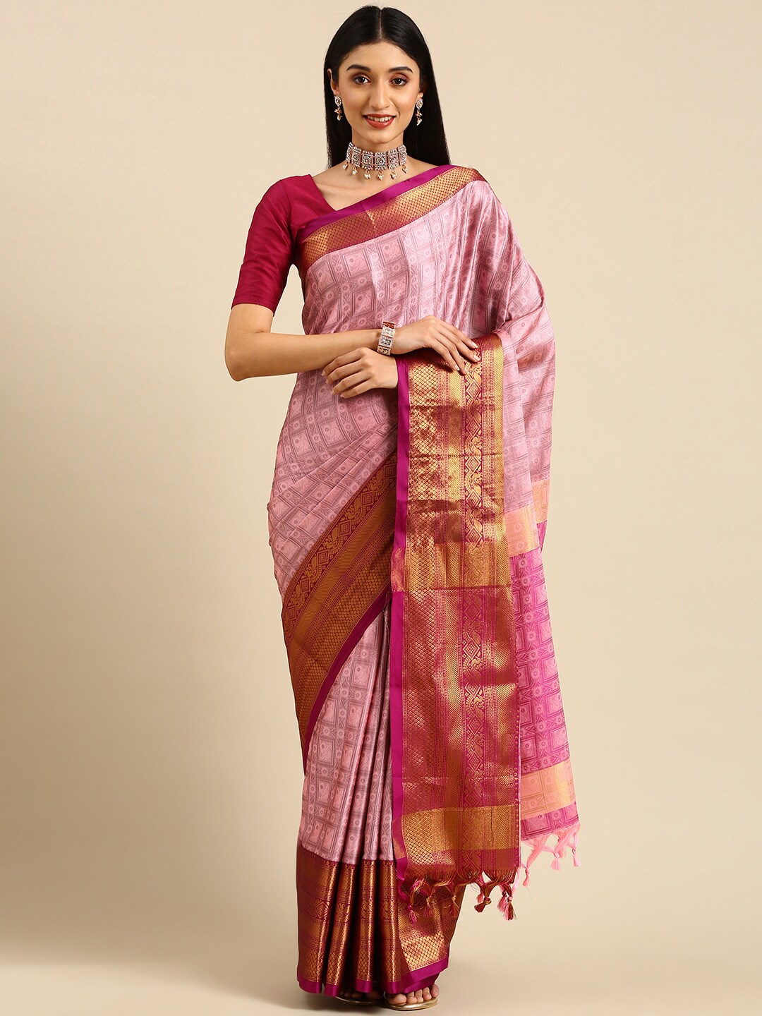 

Anouk Pink & Gold-Toned Geometric Woven Design Zari Kanjeevaram Saree