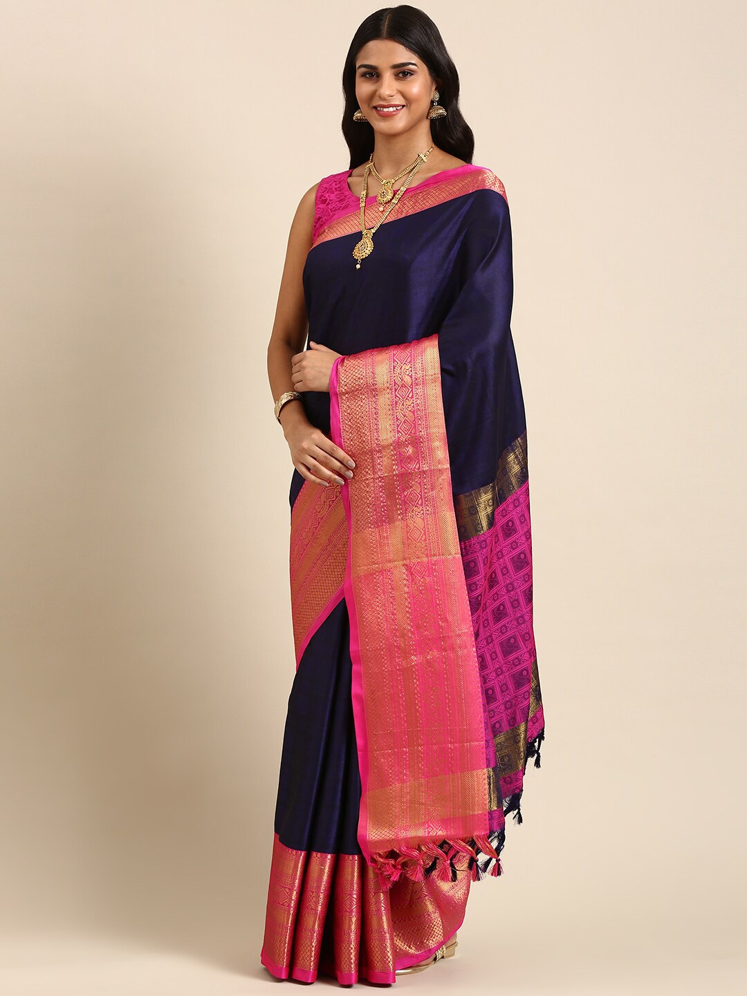 

Anouk Navy Blue & Pink Zari Kanjeevaram Saree
