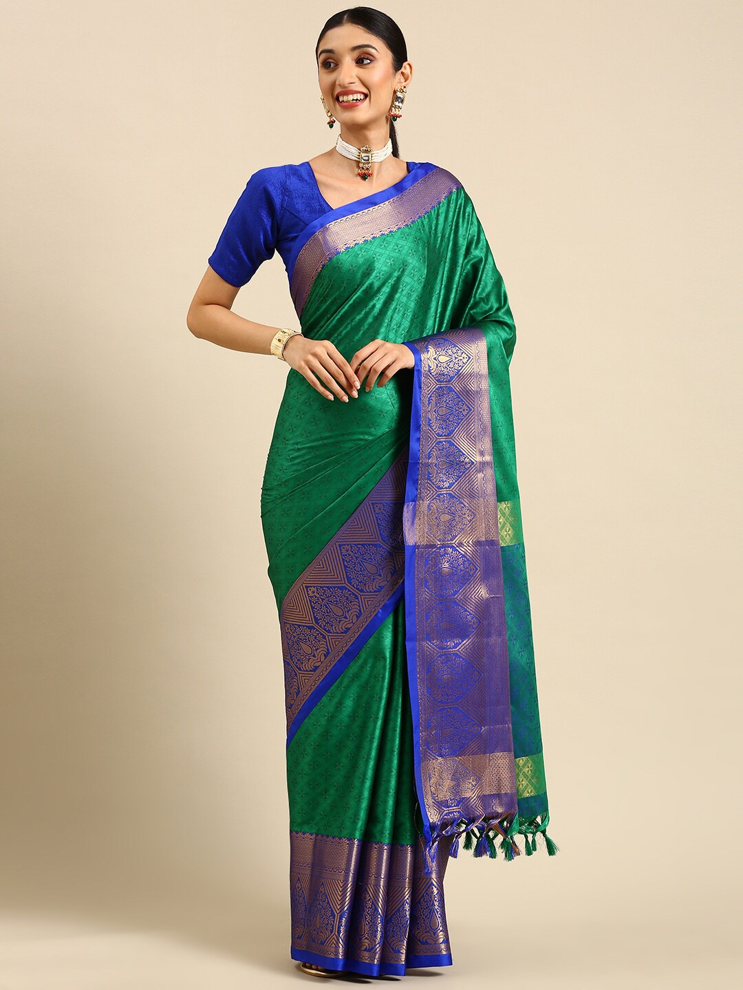 

Anouk Green & Purple Geometric Woven Design Zari Kanjeevaram Saree