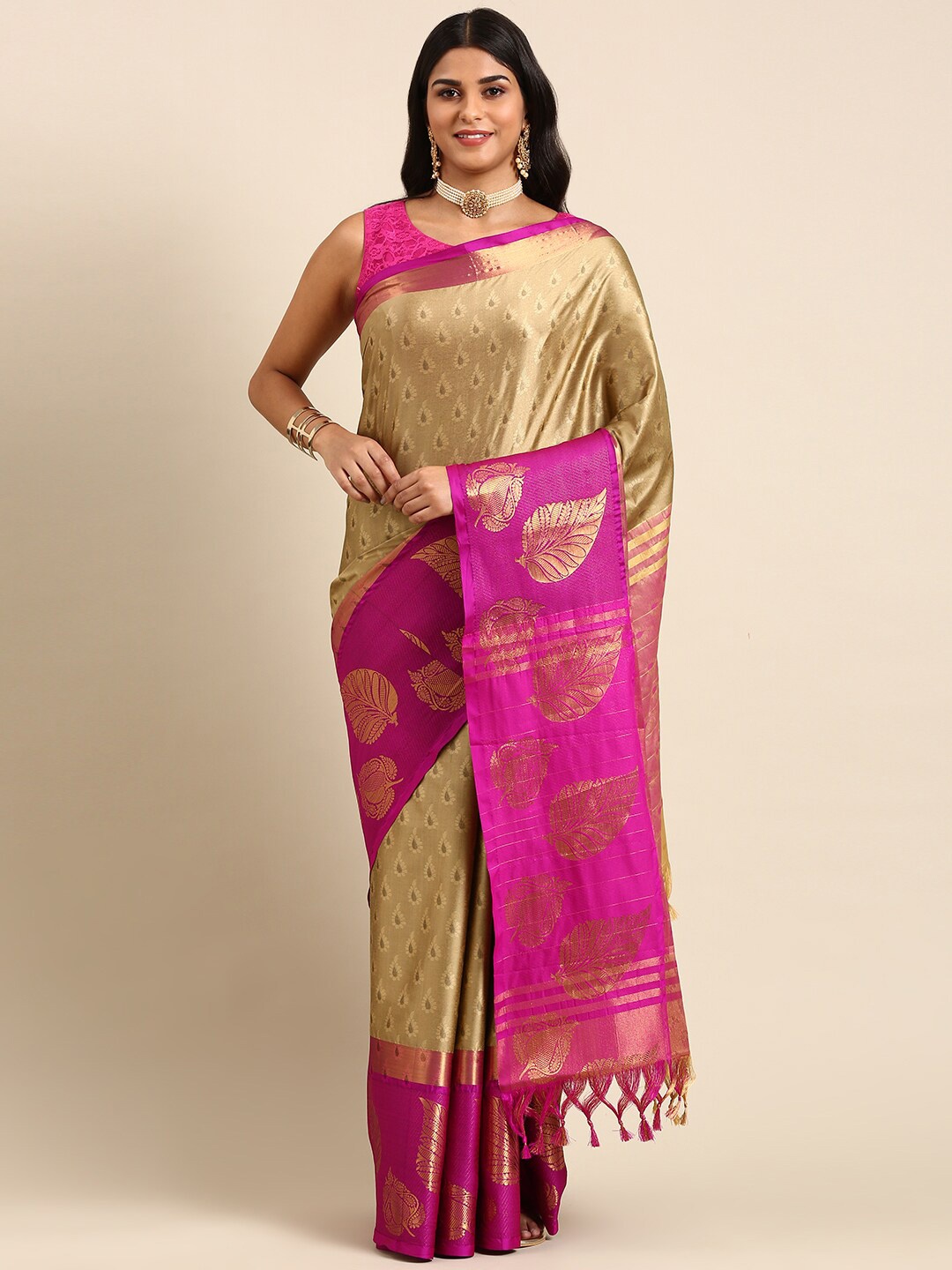 

Anouk Olive Green & Pink Ethnic Motifs Woven Design Zari Kanjeevaram Saree