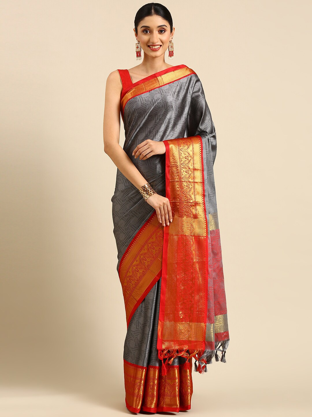 

Anouk Grey & Red Ethnic Motifs Woven Design Zari Kanjeevaram Saree