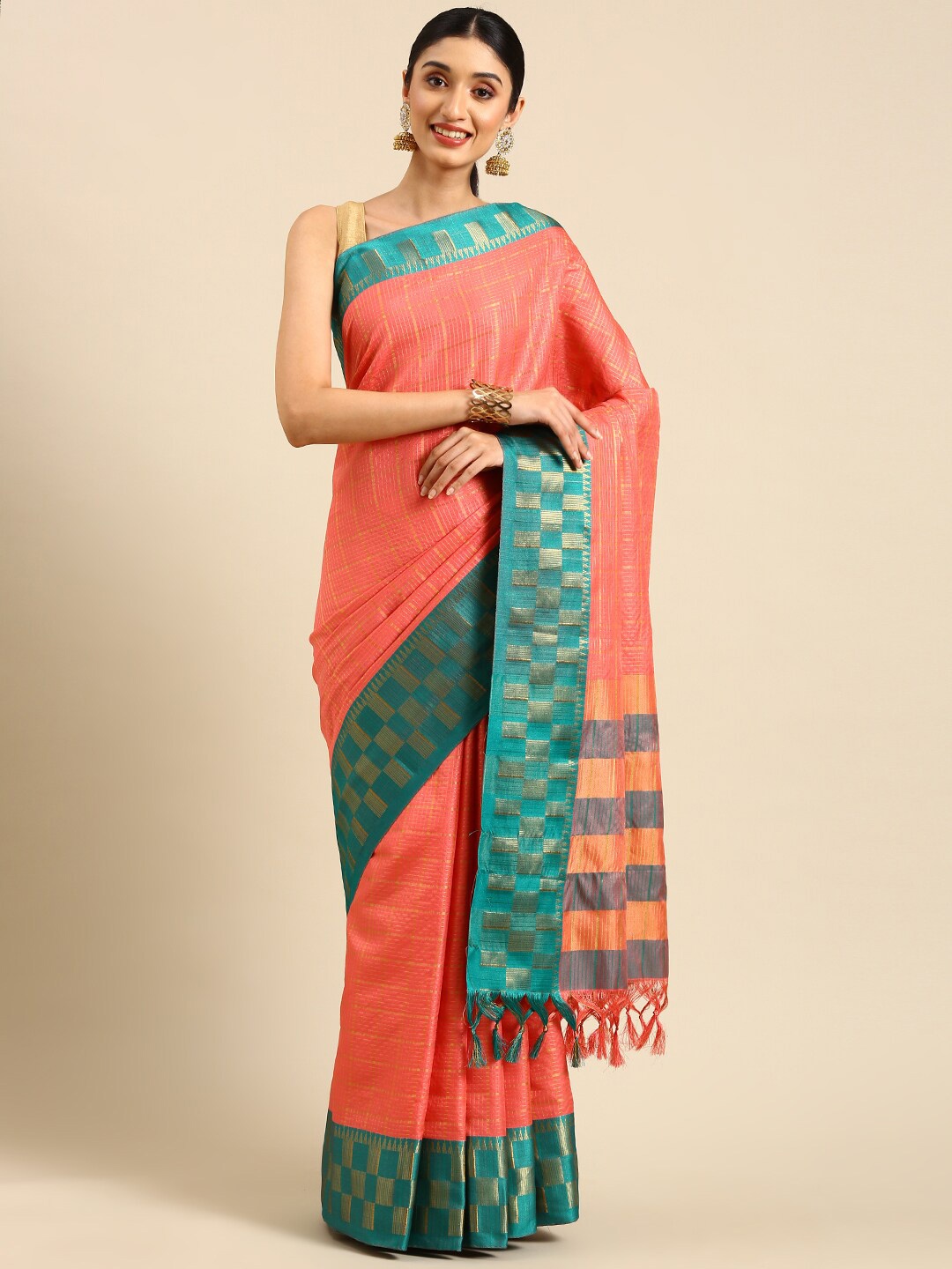 

Anouk Coral & Blue Checked Woven Design Zari Kanjeevaram Saree