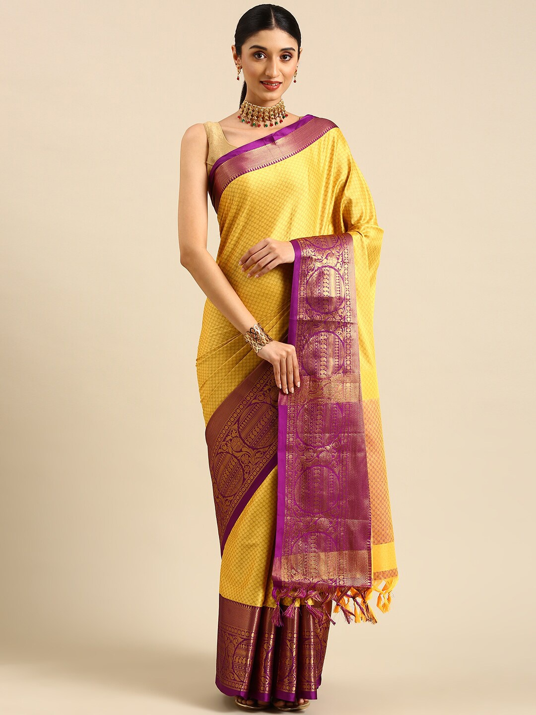 

Anouk Mustard & Purple Woven Design Zari Kanjeevaram Saree