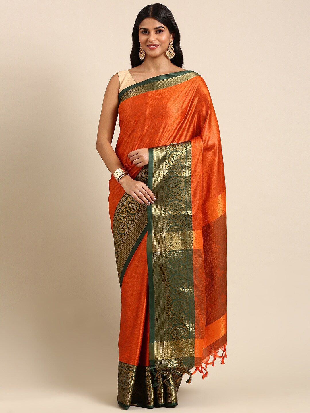 

Anouk Rust & Green Paisley Woven Design Zari Kanjeevaram Saree