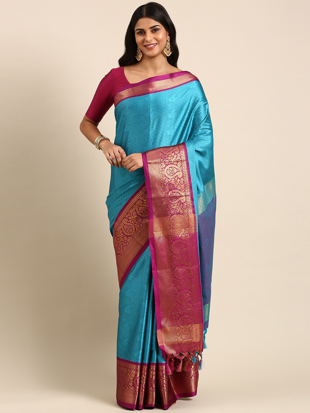 

Anouk Turquoise Blue & Red Paisley Woven Design Zari Kanjeevaram Saree