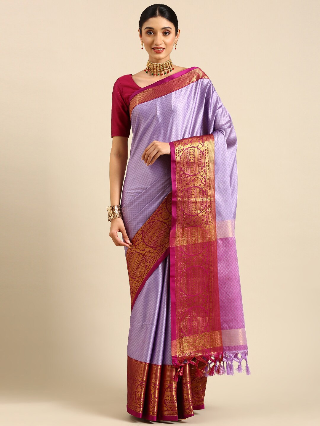 

Anouk Purple & Maroon Woven Design Zari Kanjeevaram Saree