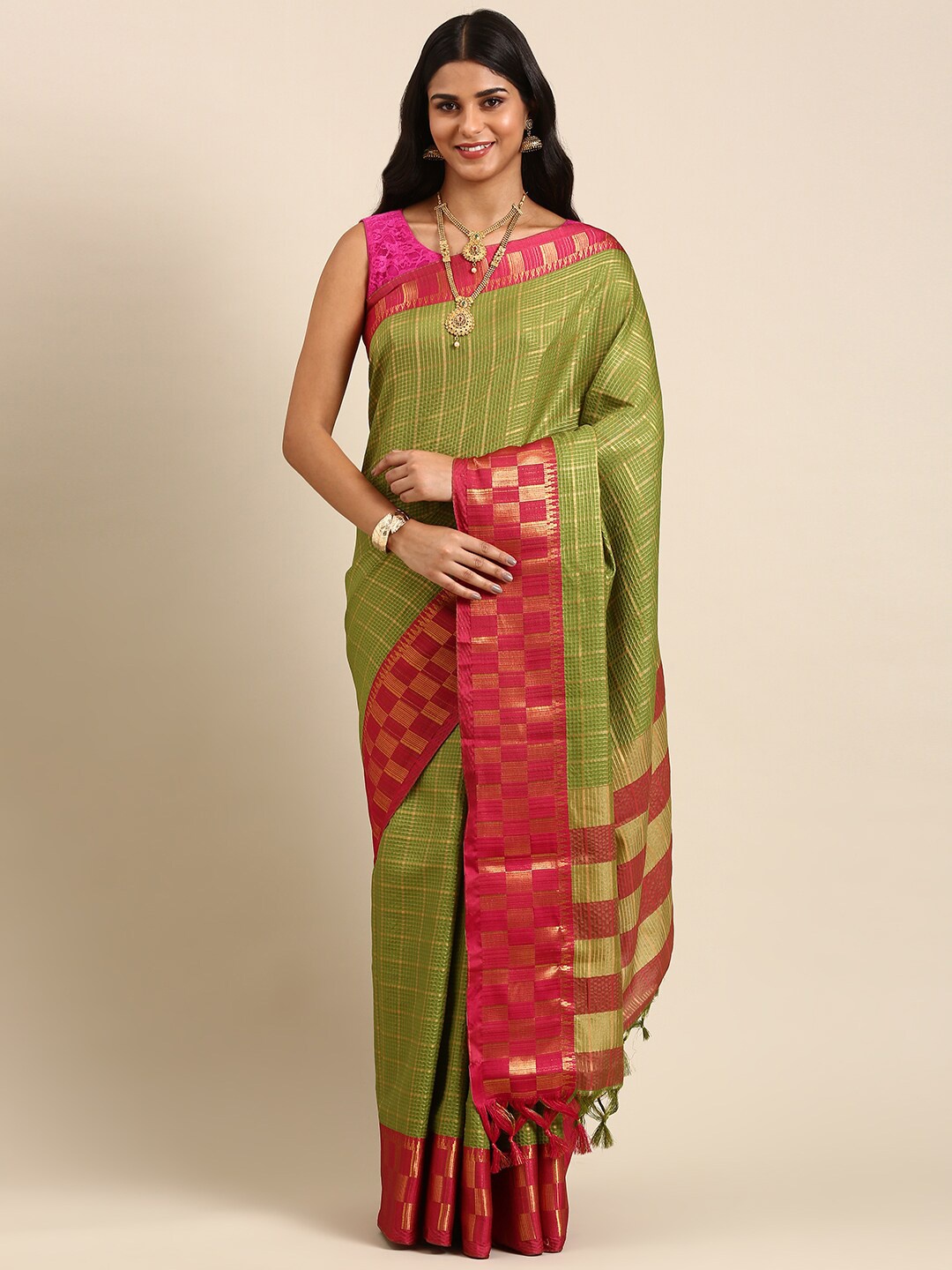 

Anouk Green & Red Checked Woven Design Zari Kanjeevaram Saree