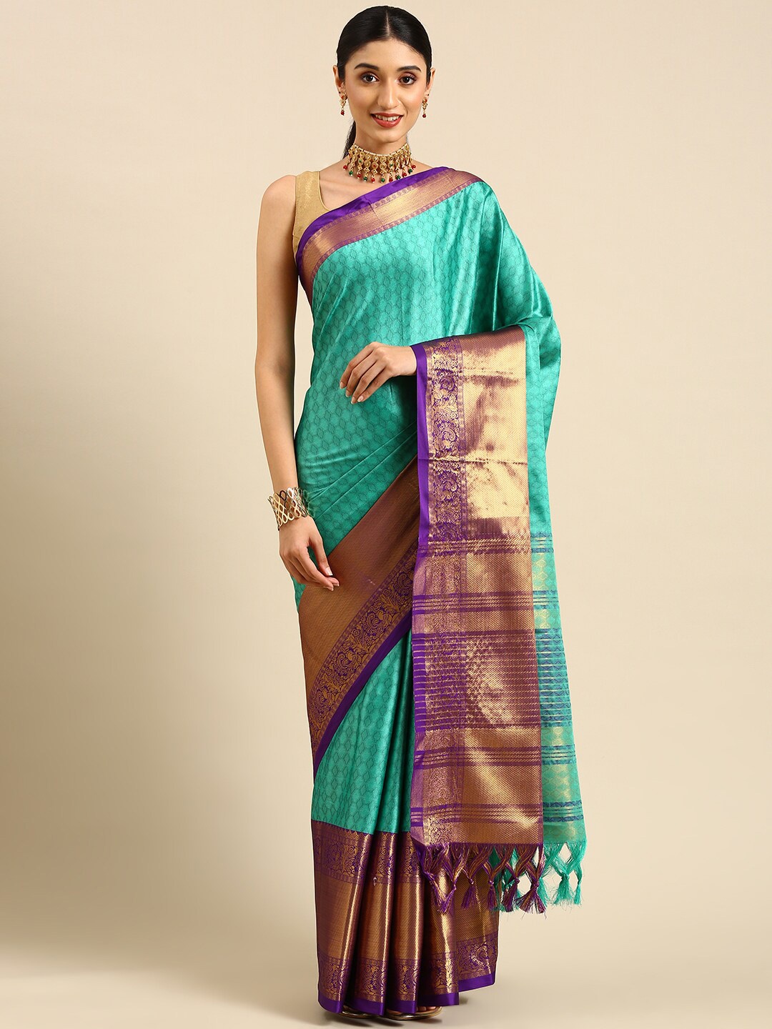 

Anouk Teal & Purple Woven Design Zari Kanjeevaram Saree