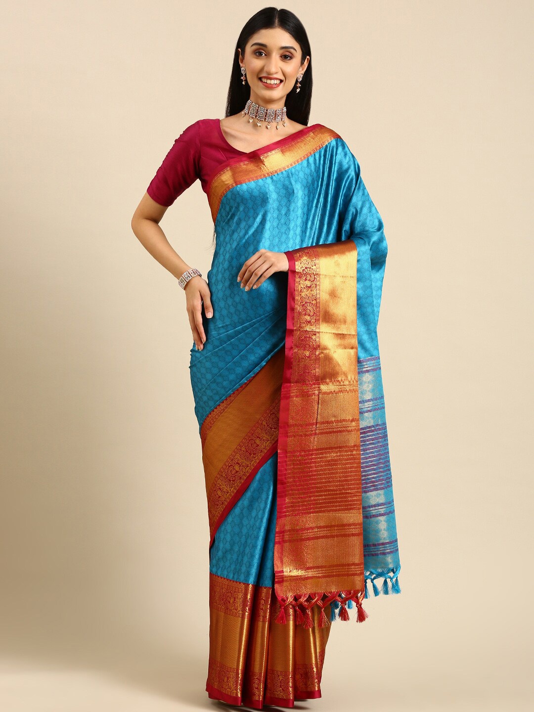 

Anouk Ethnic Motif Silk Blend Kanjeevaram Zari Saree With Tassel, Turquoise blue
