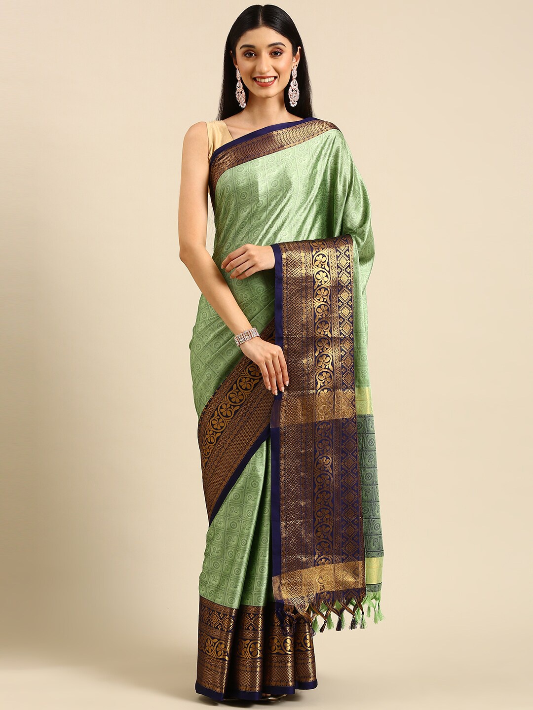 

Anouk Ethnic Motif Silk Blend Kanjeevaram Zari Saree With Tassel, Khaki