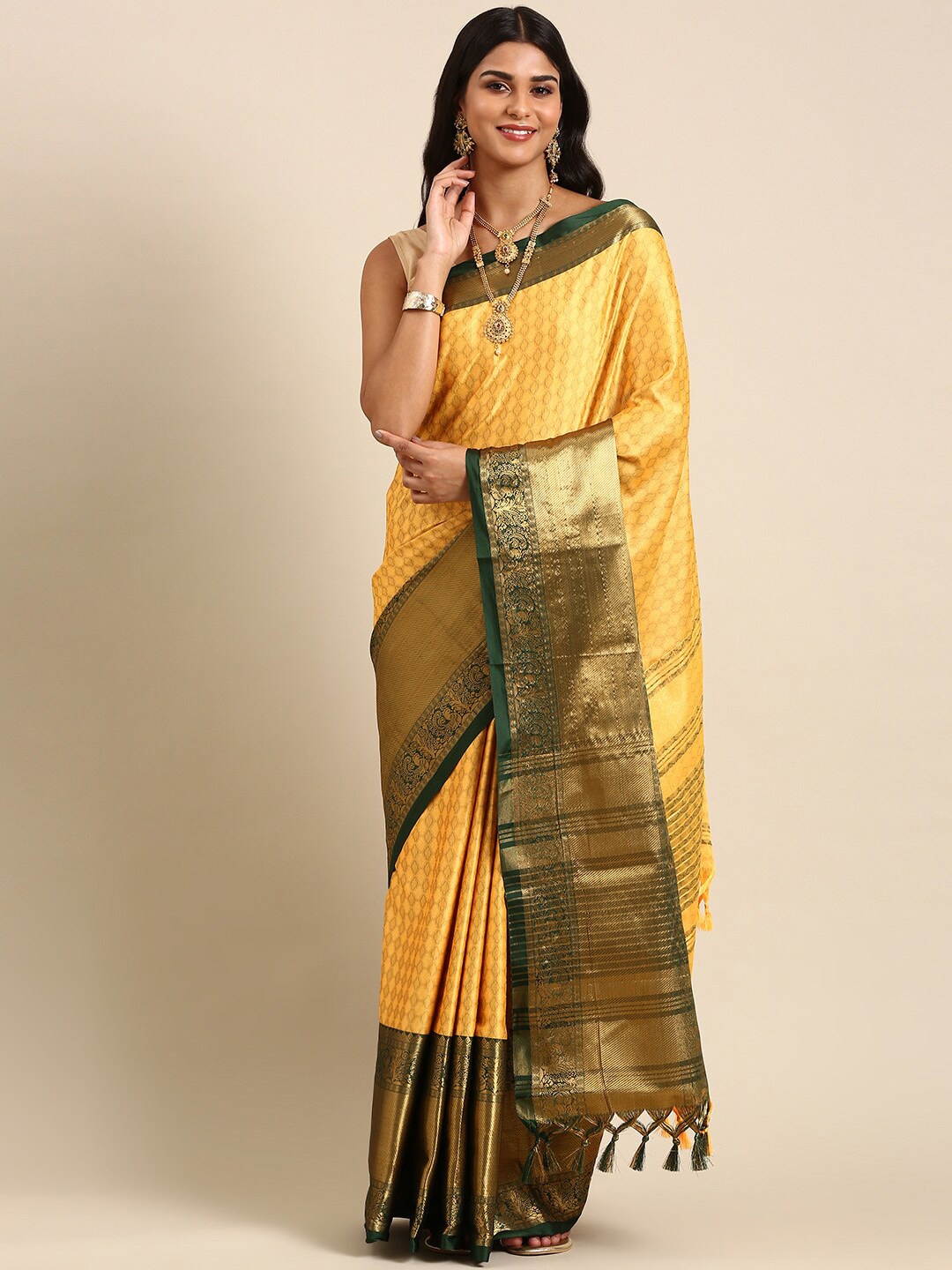 

Anouk Ethnic Motif Silk Blend Kanjeevaram Zari Saree With Tassel, Yellow