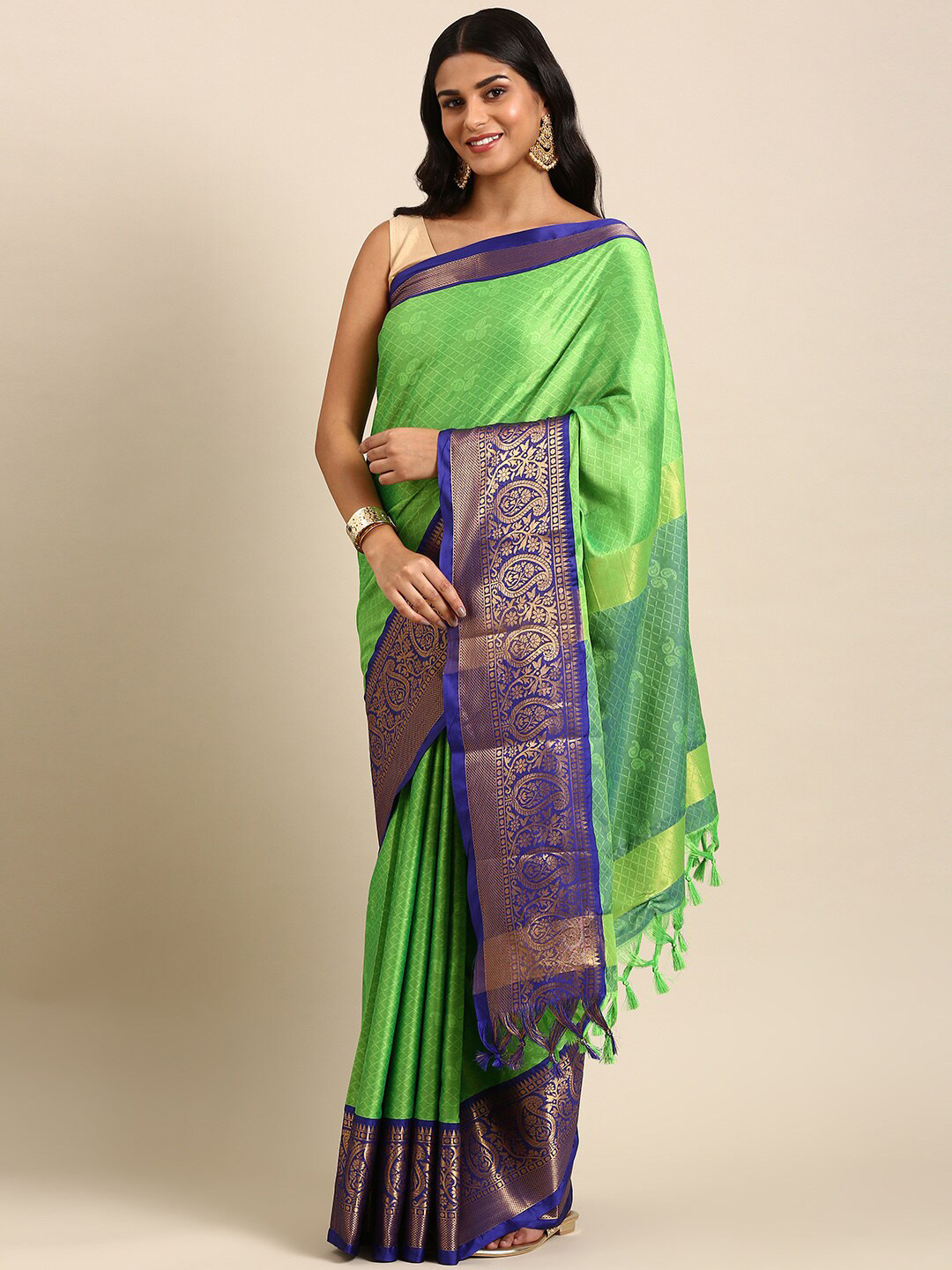 

Anouk Paisley Silk Blend Kanjeevaram Zari Saree With Tassel, Fluorescent green