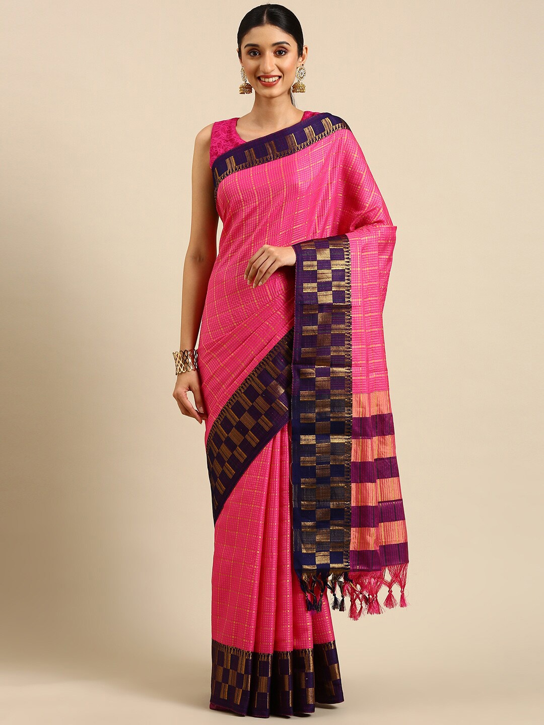 

Anouk Checked Silk Blend Kanjeevaram Zari Saree With Tassel, Fuchsia
