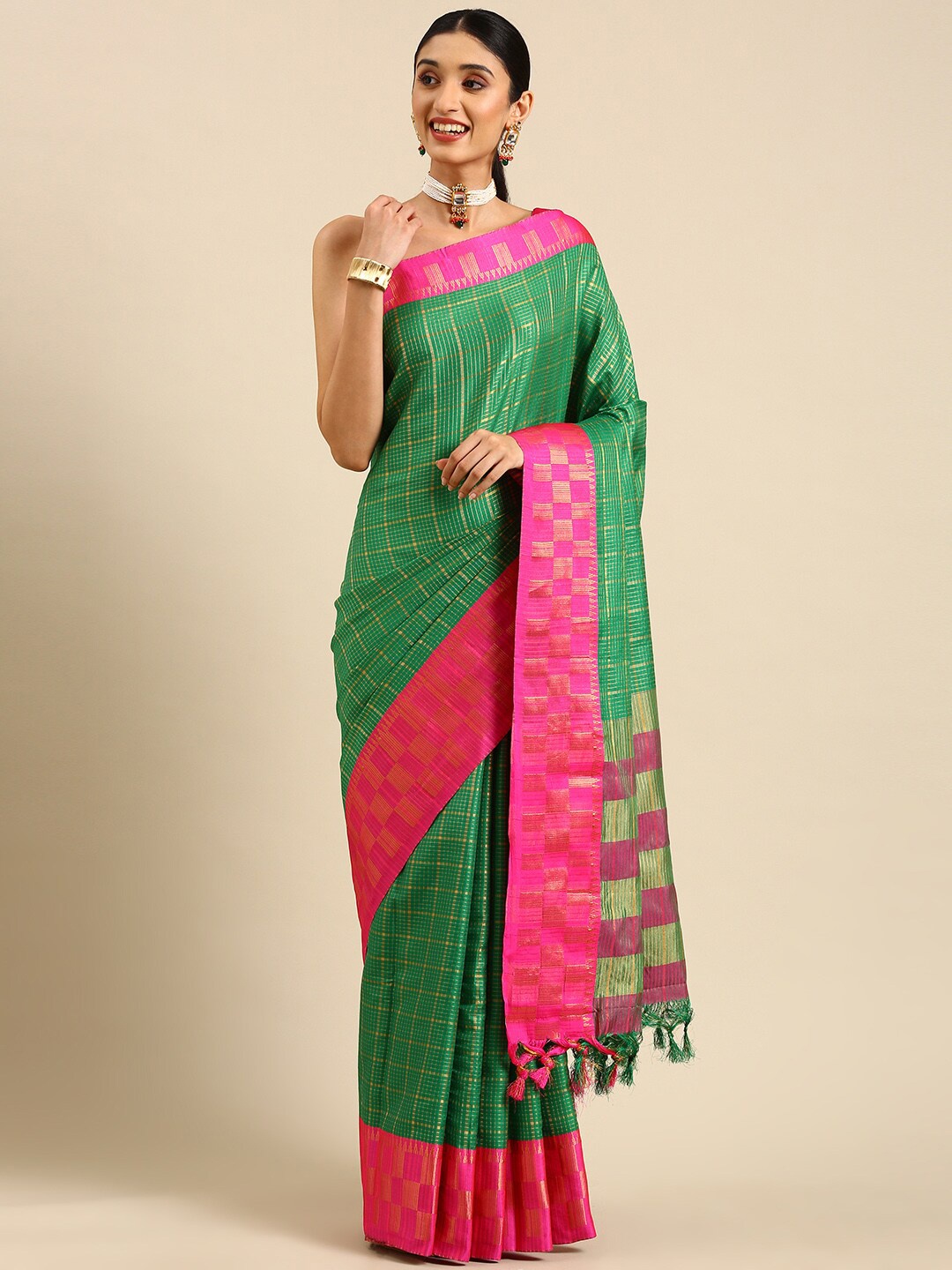 

Anouk Checked Silk Blend Kanjeevaram Zari Saree With Tassel, Green