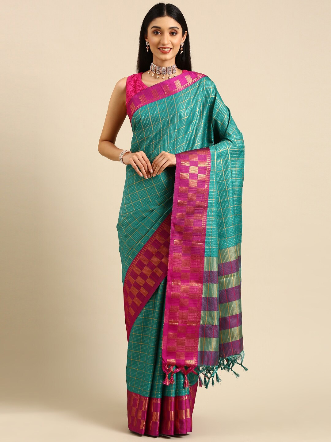 

Anouk Checked Silk Blend Kanjeevaram Zari Saree, Teal