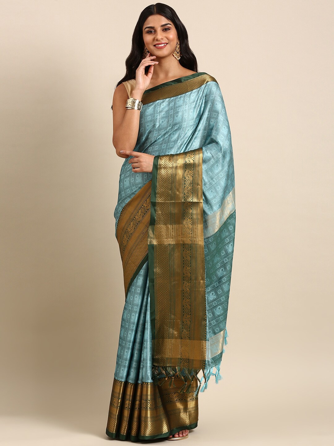 

Anouk Ethnic Motif Silk Blend Kanjeevaram Zari Saree, Turquoise blue