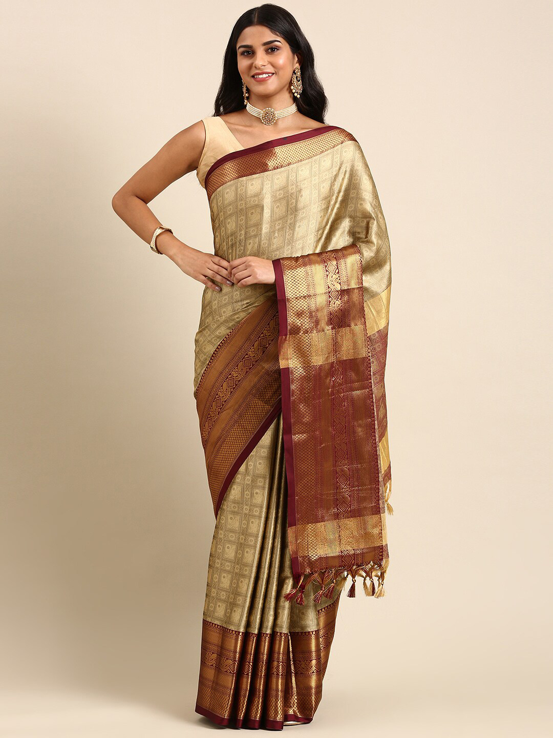 

Anouk Ethnic Motif Silk Blend Kanjeevaram Zari Saree, Beige