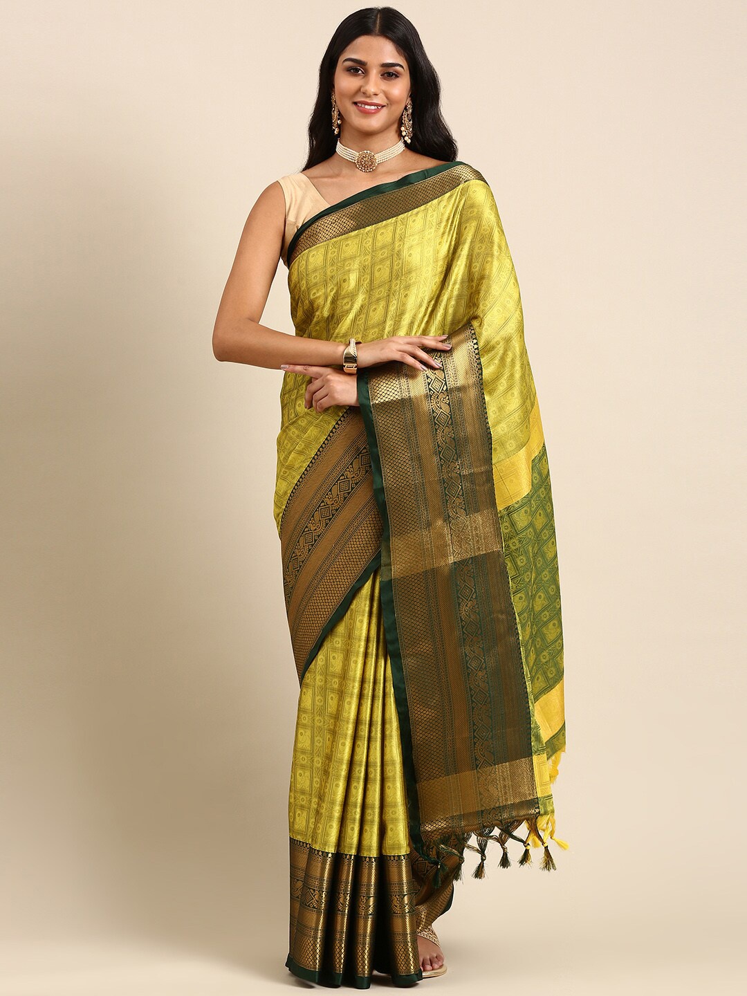 

Anouk Ethnic Motif Silk Blend Kanjeevaram Zari Saree, Olive