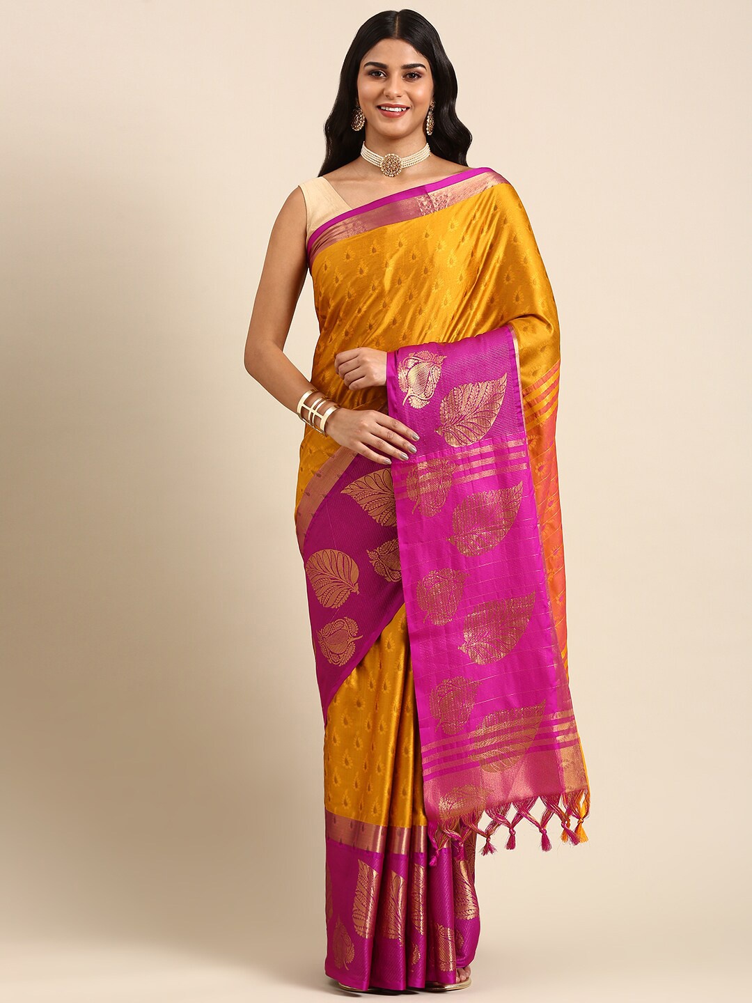 

Anouk Paisley Silk Blend Kanjeevaram Zari Saree With Blouse Piece, Mustard