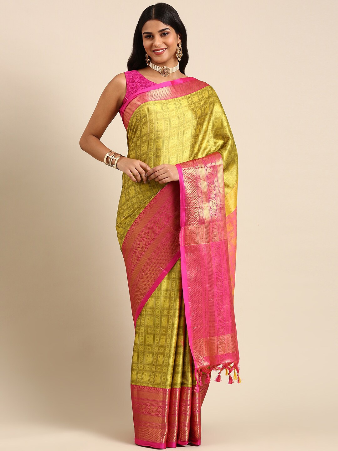 

Anouk Ethnic Motif Silk Blend Kanjeevaram Zari Saree, Olive