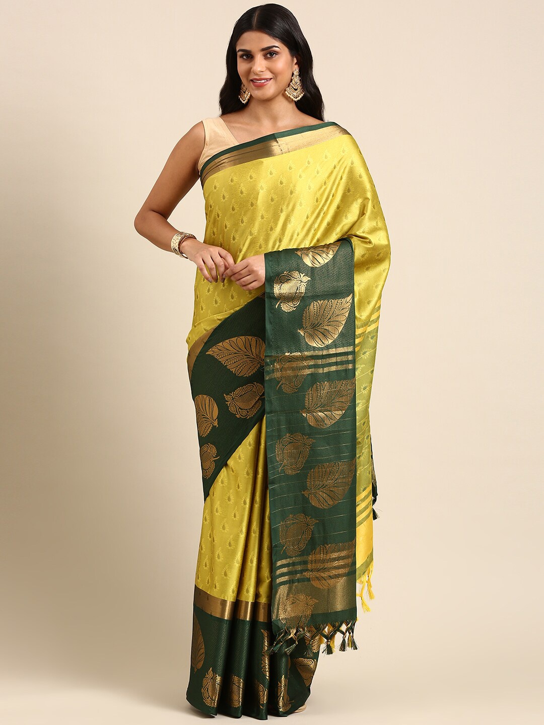 

Anouk Paisley Silk Blend Kanjeevaram Zari Saree With Blouse Piece, Olive