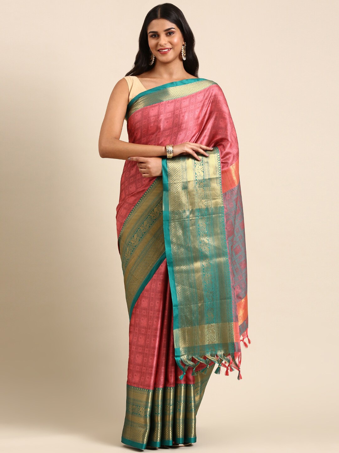 

Anouk Coral & Sea Green Ethnic Motif Woven Design Zari Kanjeevaram Saree