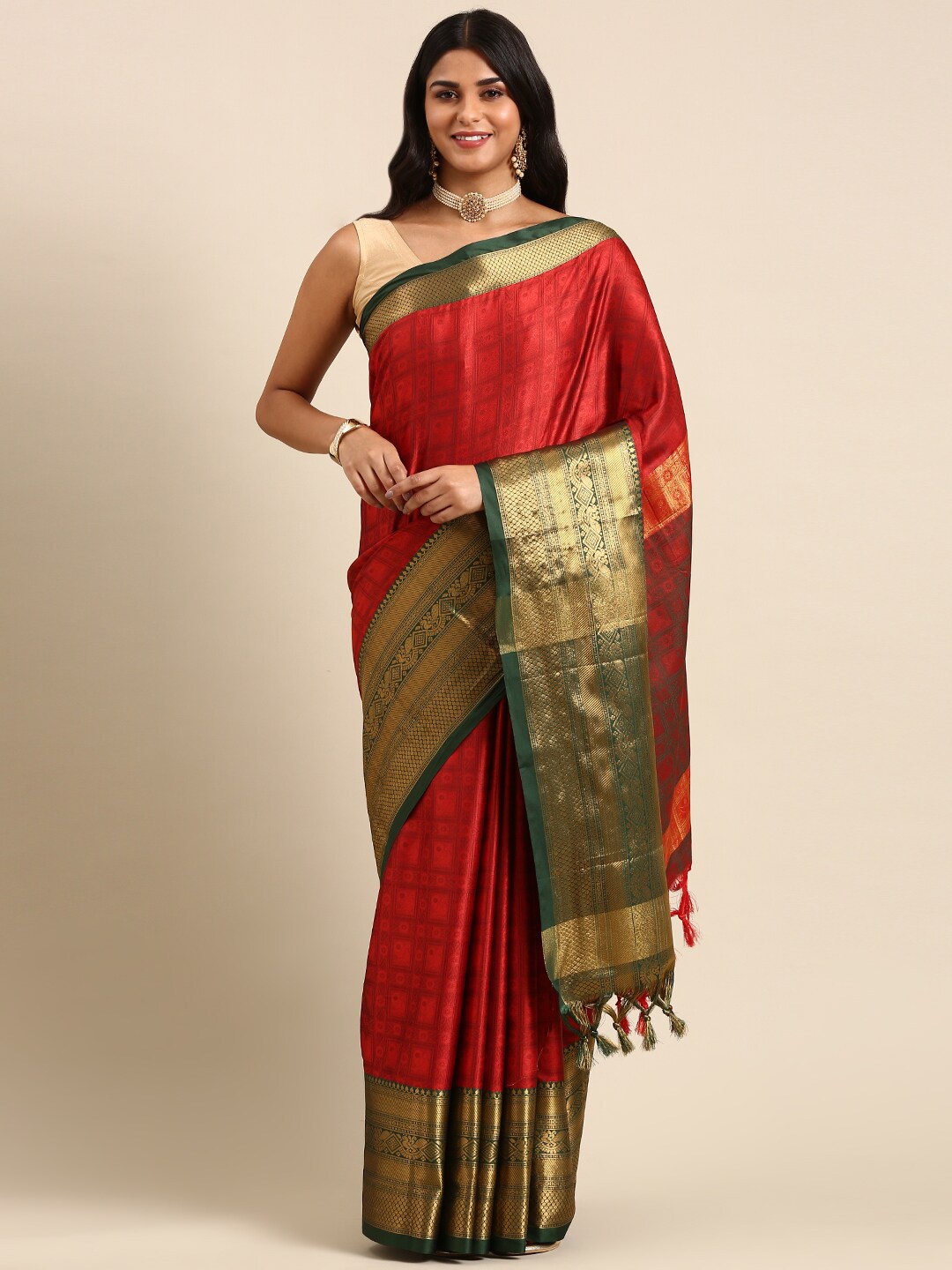 

Anouk Maroon & Green Ethnic Motif Woven Design Zari Kanjeevaram Saree