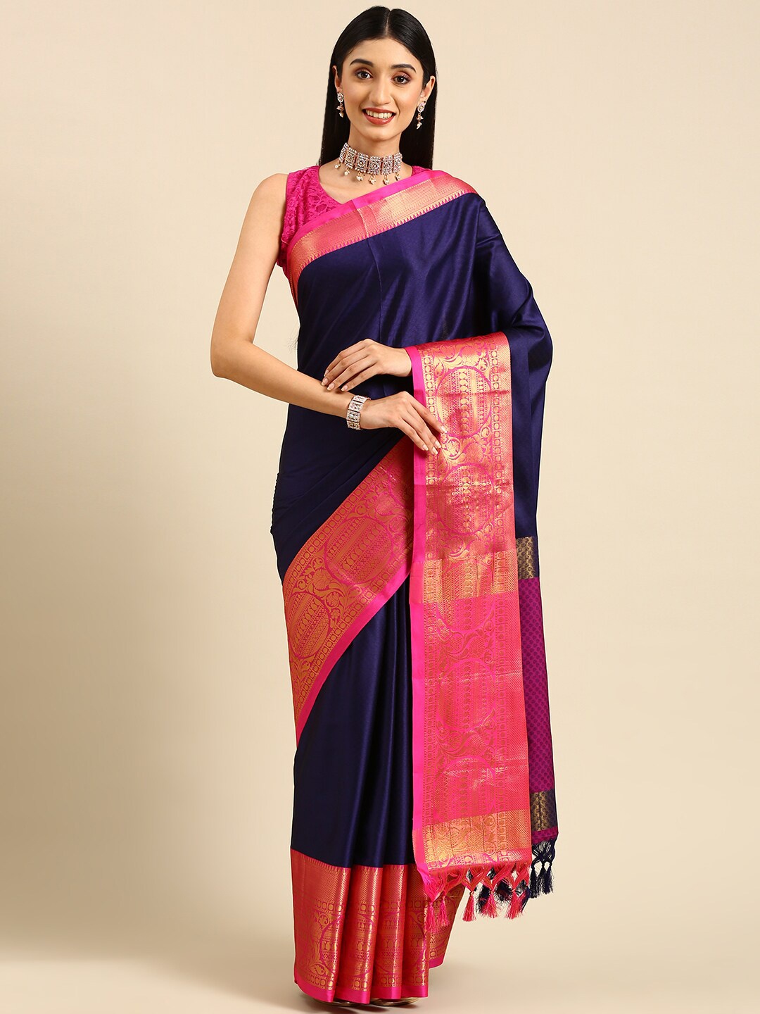 

Anouk Navy Blue & Pink Ethnic Motif Woven Design Zari Kanjeevaram Saree