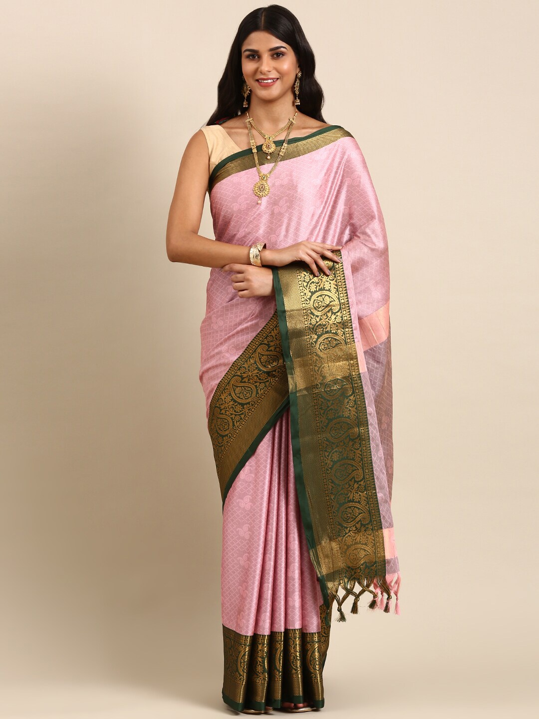 

Anouk Pink & Green Paisley Woven Design Zari Kanjeevaram Saree