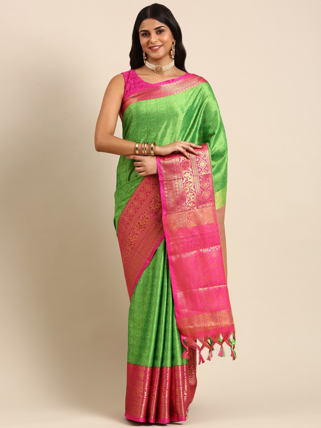 

Anouk Green & Pink Ethnic Motif Woven Design Zari Kanjeevaram Saree
