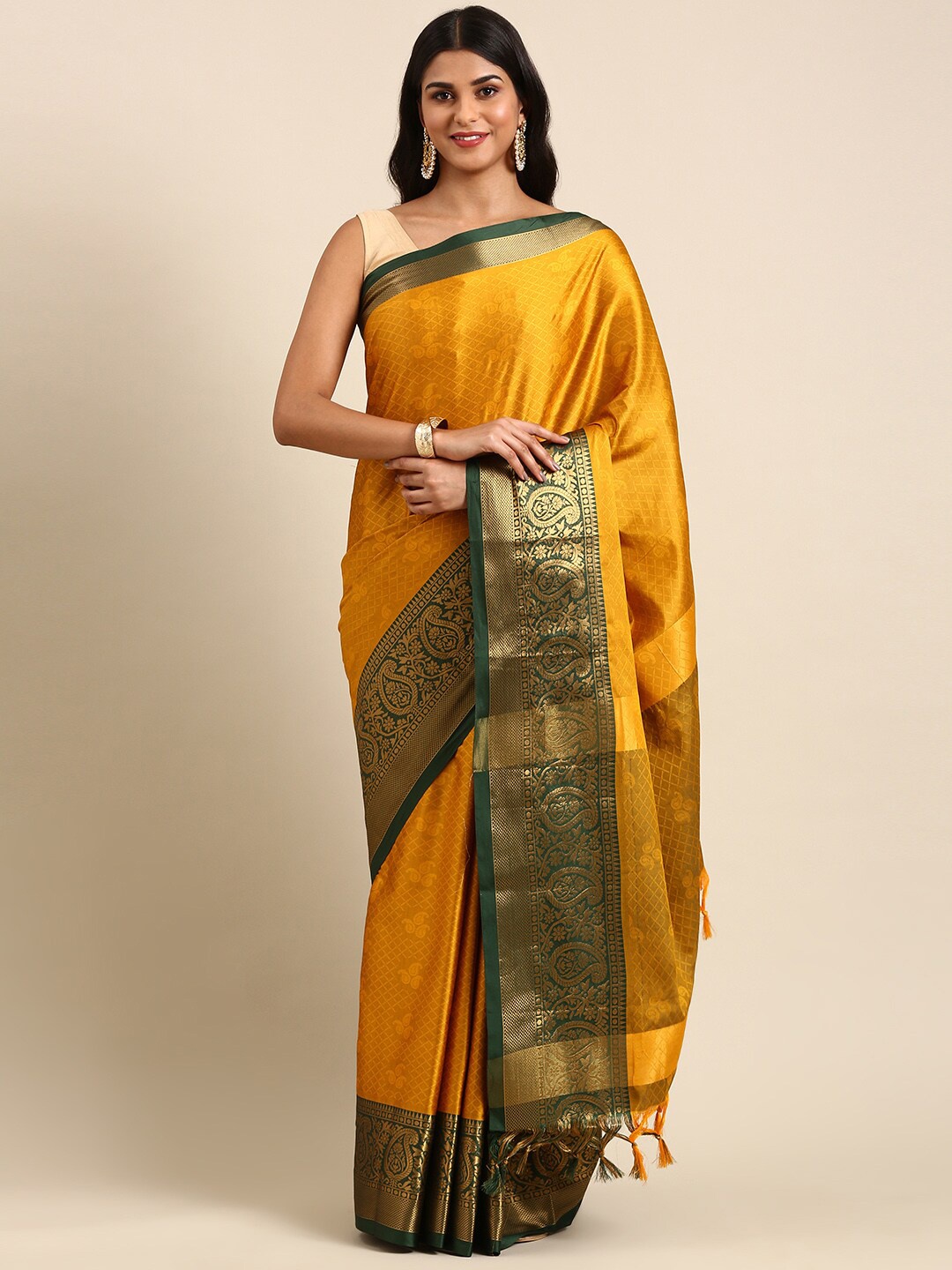 

Anouk Mustard Yellow & Green Paisley Woven Design Zari Kanjeevaram Saree