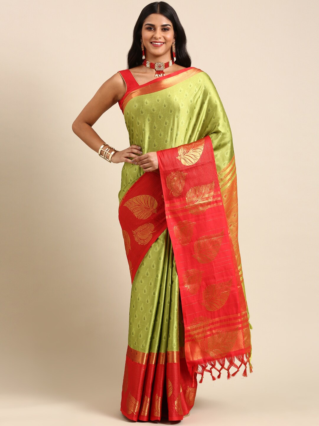 

Anouk Lime Green & Red Ethnic Motif Woven Design Zari Kanjeevaram Saree