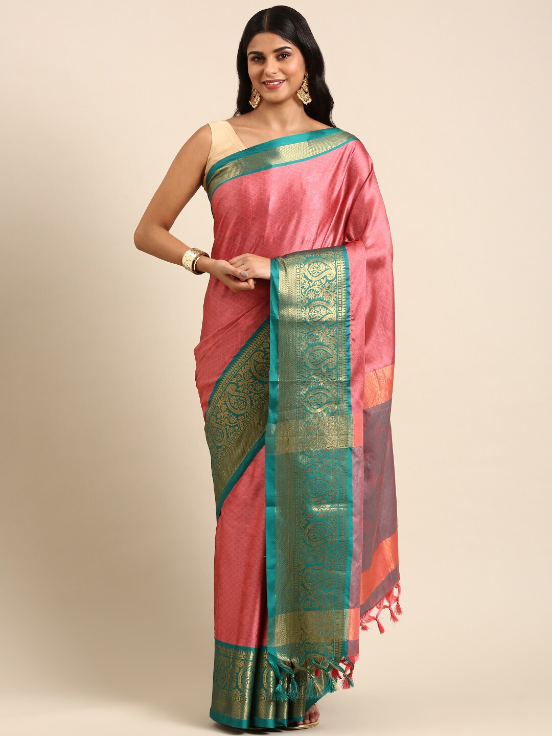 

Anouk Pink & Sea Green Paisley Woven Design Zari Kanjeevaram Saree