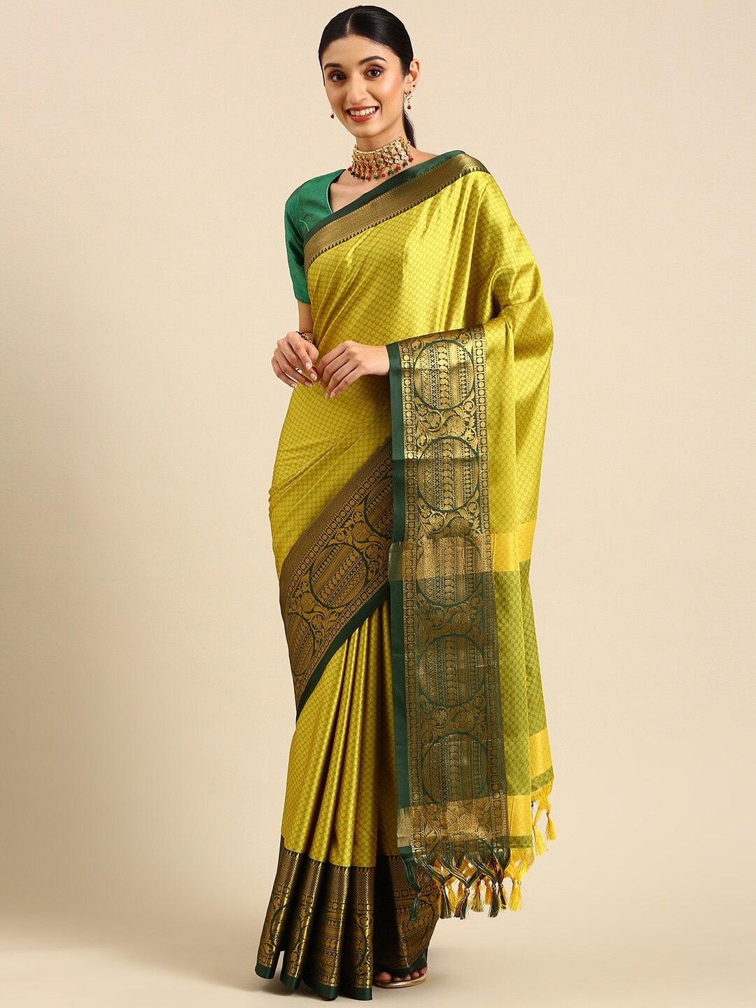 

Anouk Green & Gold-Toned Ethnic Motif Woven Design Zari Kanjeevaram Saree
