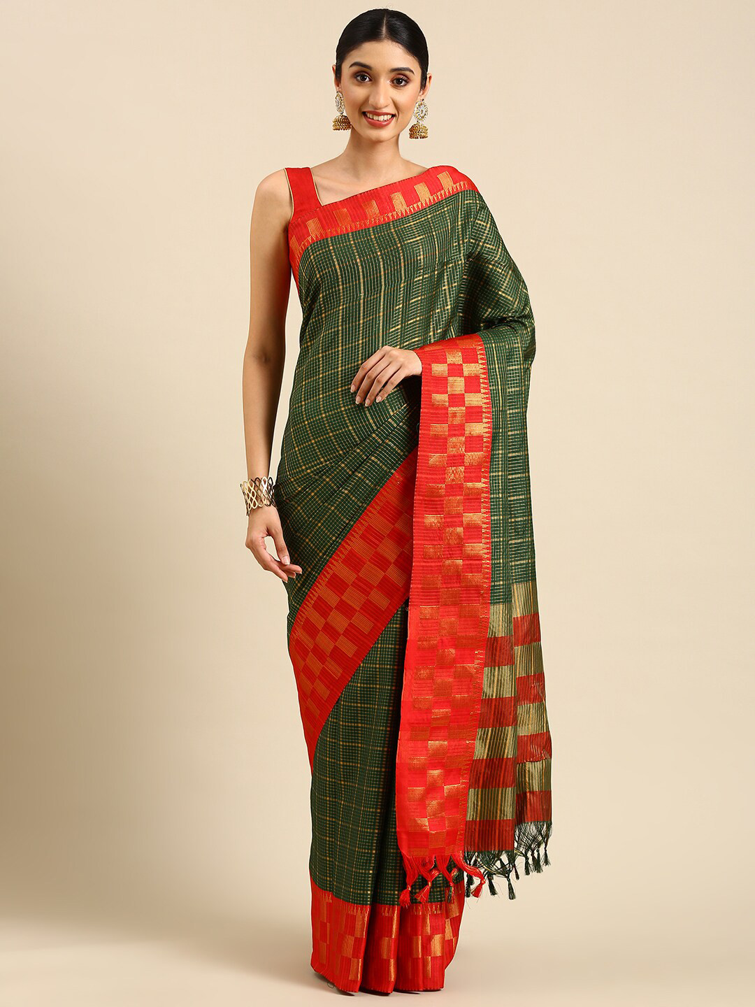 

Anouk Green & Red Checked Zari Silk Blend Kanjeevaram Saree