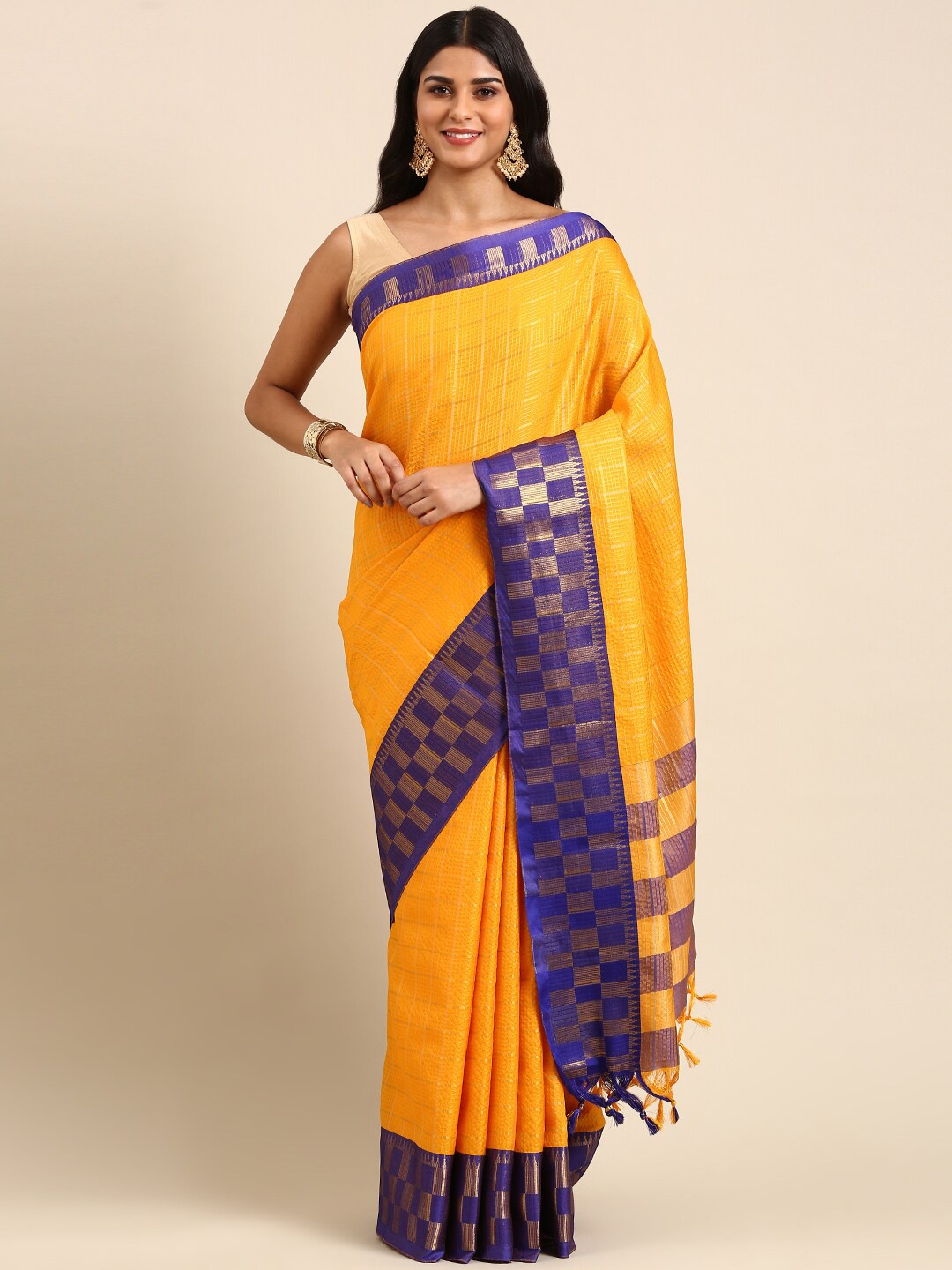 

Anouk Mustard Yellow & Blue Checked Zari Silk Blend Kanjeevaram Saree