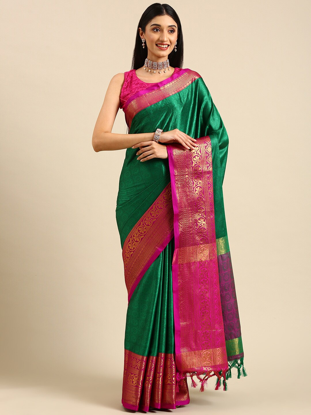

Anouk Green & Pink Woven Design Zari Silk Blend Kanjeevaram Saree